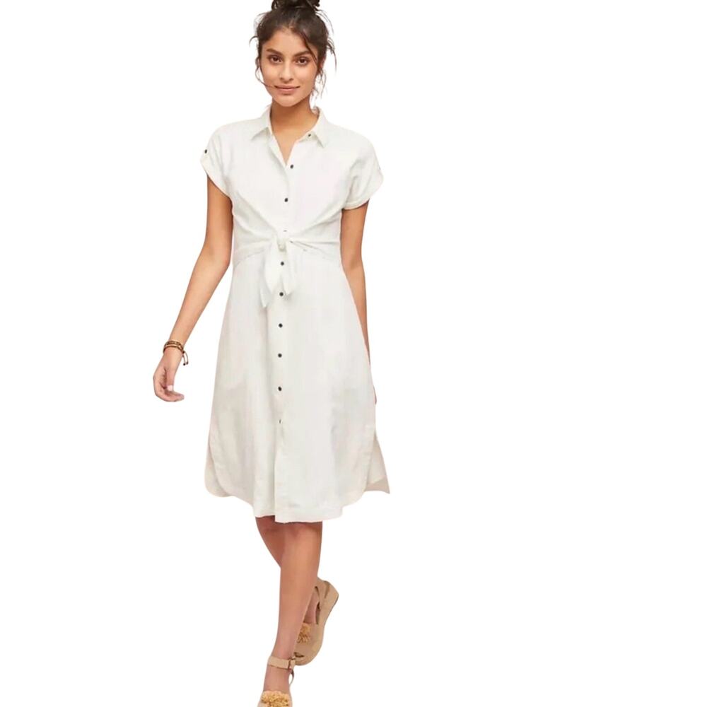Anthropologie Maeve White Linen Blend Tie Front Shirt Dress 0 Midi